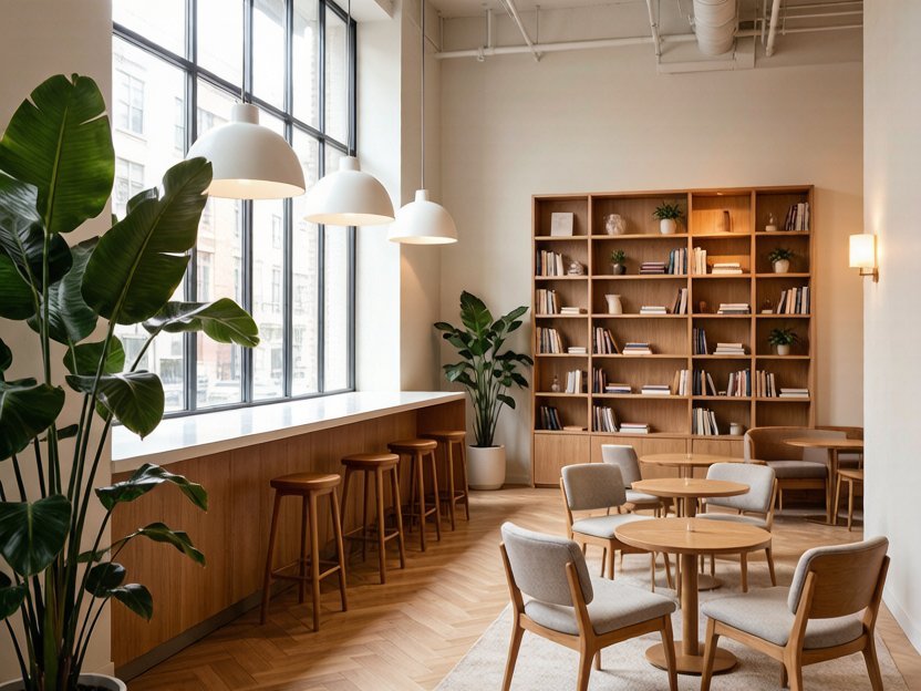 Warm modern commercial café and coworking interior after a strategic refresh