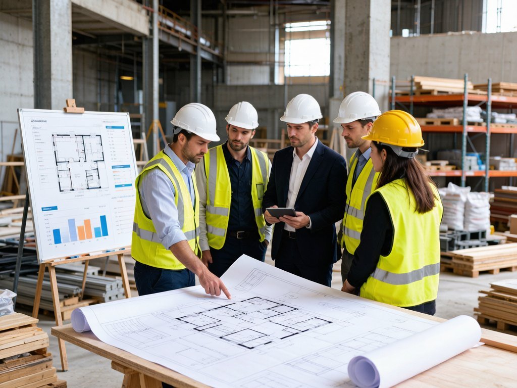 Architects and contractors reviewing blueprints at a commercial renovation site