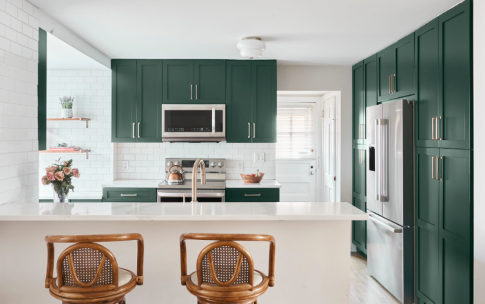 Modern rental condominium kitchen with upgraded cabinets, finishes and lighting