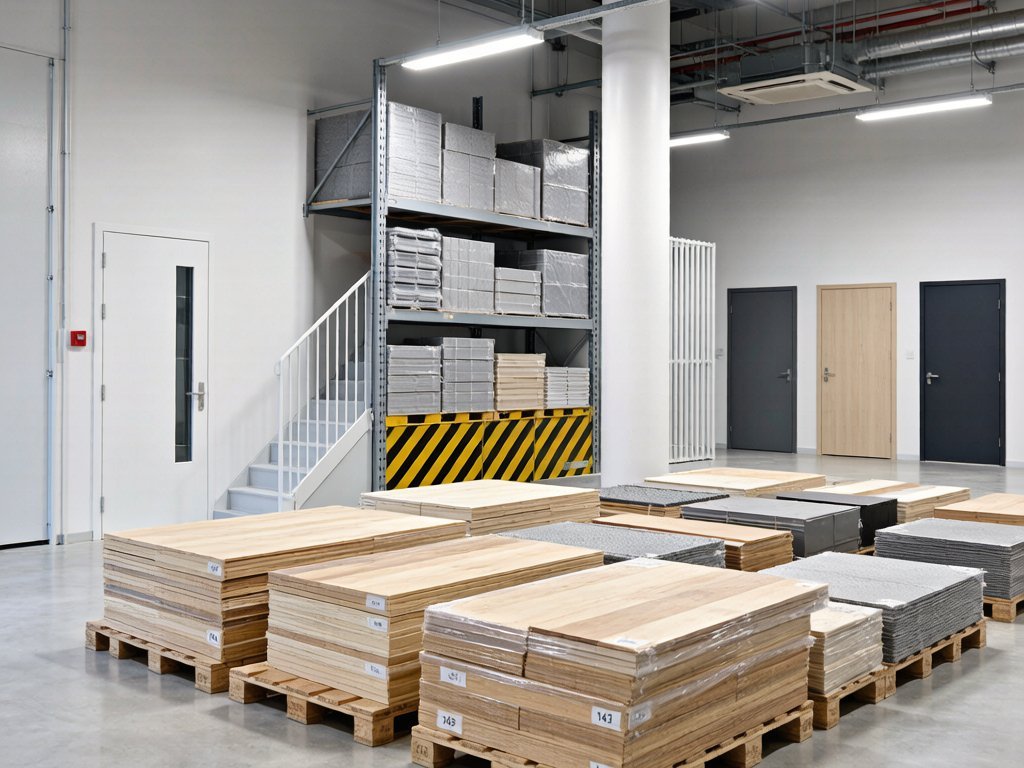 Interior of a modern building materials warehouse with organised pallets and panels
