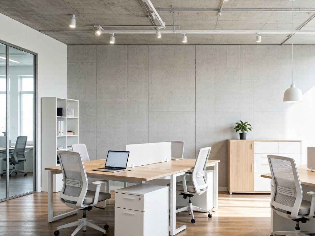 Modern commercial office interior with prefabricated wall panels and efficient lighting